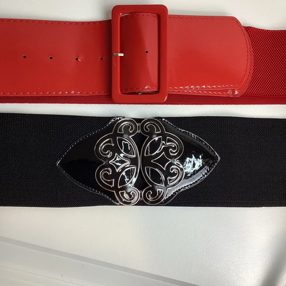 Set of 2 Wide Elastic Cinch Belts Red Patent Buckle Black Filigree Buckle 3X